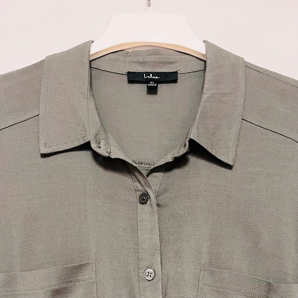 Lulus Oxford Comma Shirt Dress Womens XL Olive Gray Stretch Lagenlook Minimalist - Picture 5 of 12
